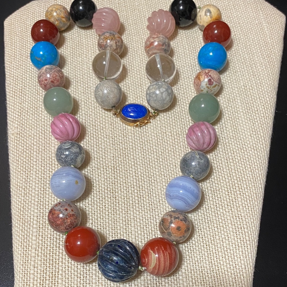 Multicolor assorted natural gemstone large individually knotted bead Necklace